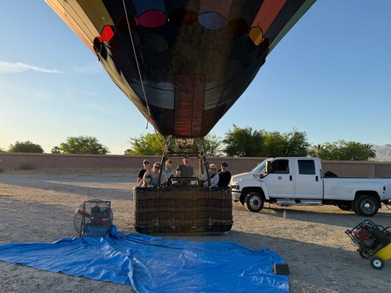 Hot air balloon basket and burner against the morning sky